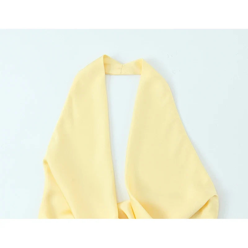 Sexy Backless Yellow Satin Mini Dresses Halter Tie Waist Cocktail Party Summer Vestidos