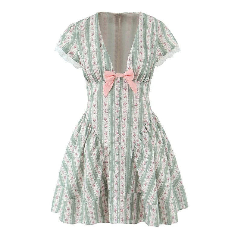 Green Striped Floral Print Summer Dresses Bow V Neck Short Sleeve A-line Mini Dresses Lady Vacation Robe