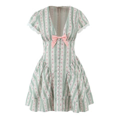 Green Striped Floral Print Summer Dresses Bow V Neck Short Sleeve A-line Mini Dresses Lady Vacation Robe