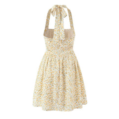 French Retro Floral Print Sexy Backless Halter Dresses