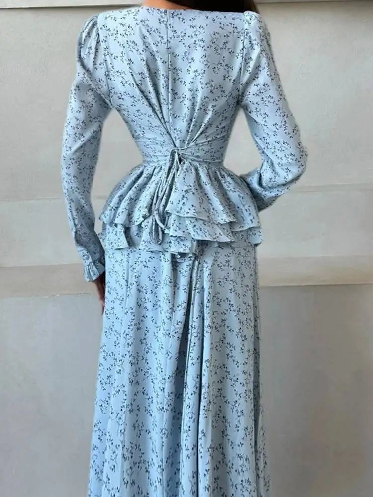 Fashionable V-neck Long Sleeved Waist Cinched Ruffle A-line Dresses