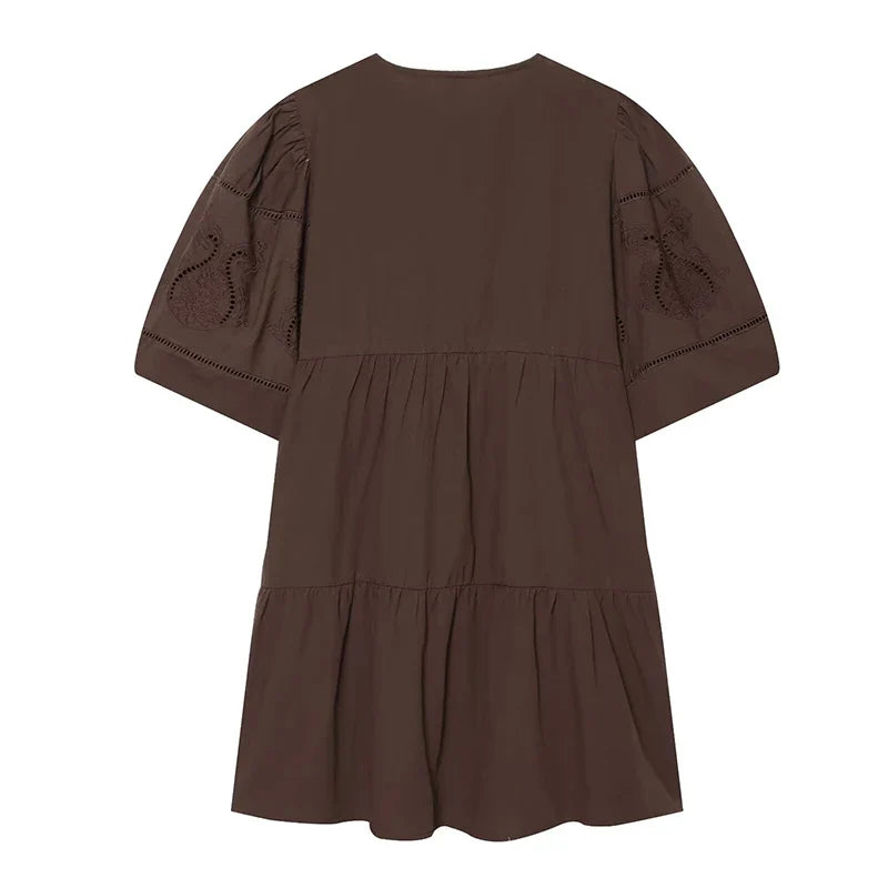 Brown Embroidered Mini Dresses