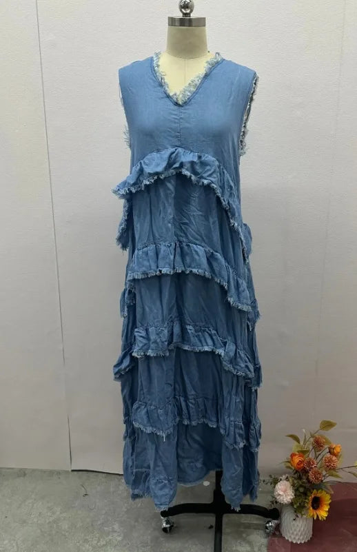 Solid Color V-neck Frayed Edge Patchwork Denim Dresses