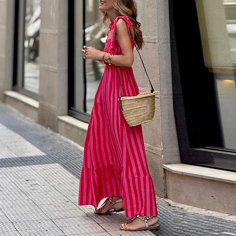 Striped Printed Camisole Bohemian Dress, High Street Pleated Backless Long Dress, Sexy Off Shoulder Beach Dress