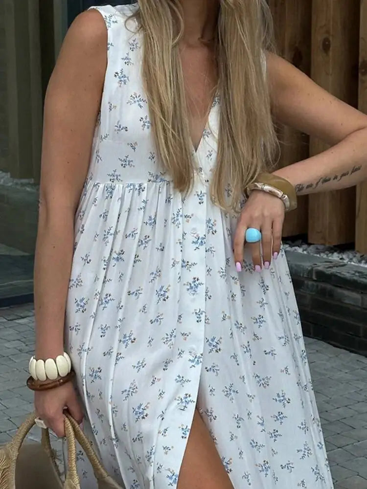 Casual Printed V-neck Sleeveless Single Breasted Dresses