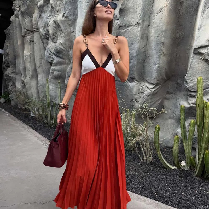 Color Block V Neck Chain Strap Pleated Midi Dresses