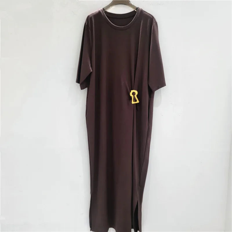French Style Niche Metal Buckle Design Pleated Waist Short Sleeves Loose Casual Solid Color Dresses Summer