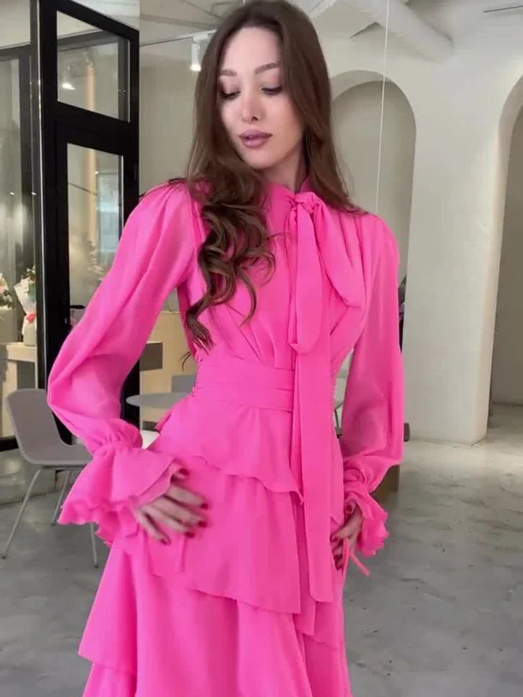 Autumn Summer Ruffle Trimmed Sweet Style Chiffon Design Half High Collar Long Dresses Female Party Clothes