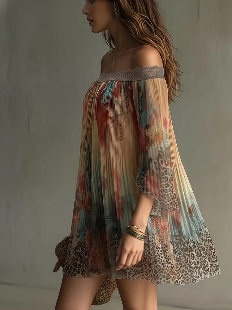 Casual Off Shoulder Long Sleeved Dresses Lace Patchwork Chiffon Mini Dresses