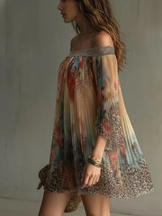 Casual Off Shoulder Long Sleeved Dresses Lace Patchwork Chiffon Mini Dresses