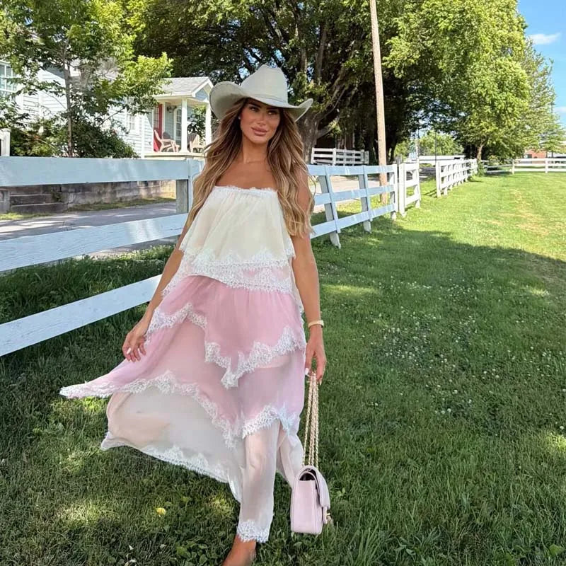Romantic Tiered Lace Trim Maxi Dresses