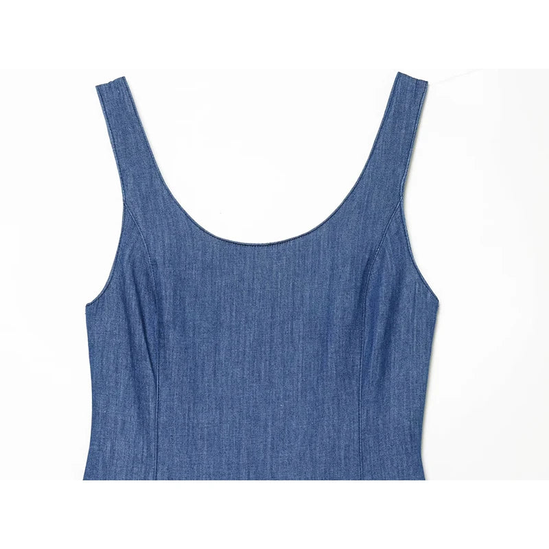 Blue Denim Sleeveless Midi Dresses