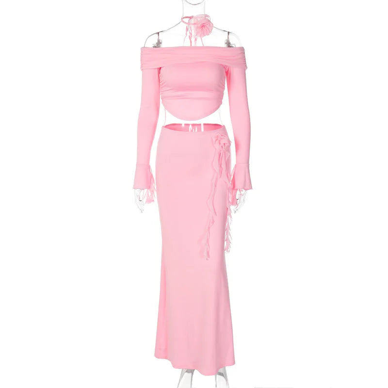 Summer Two-piece Set Sexy Strapless Long-sleeved Top With Irregular Slim-fitting Skirt 19DB2727