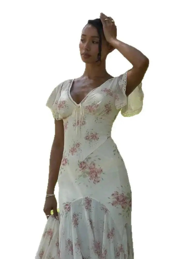 Retro Elegant Printed V-neck Short Sleeved Waist Long Dresses