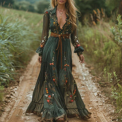 Vintage Pattern Printed High Waist Robe Dresses