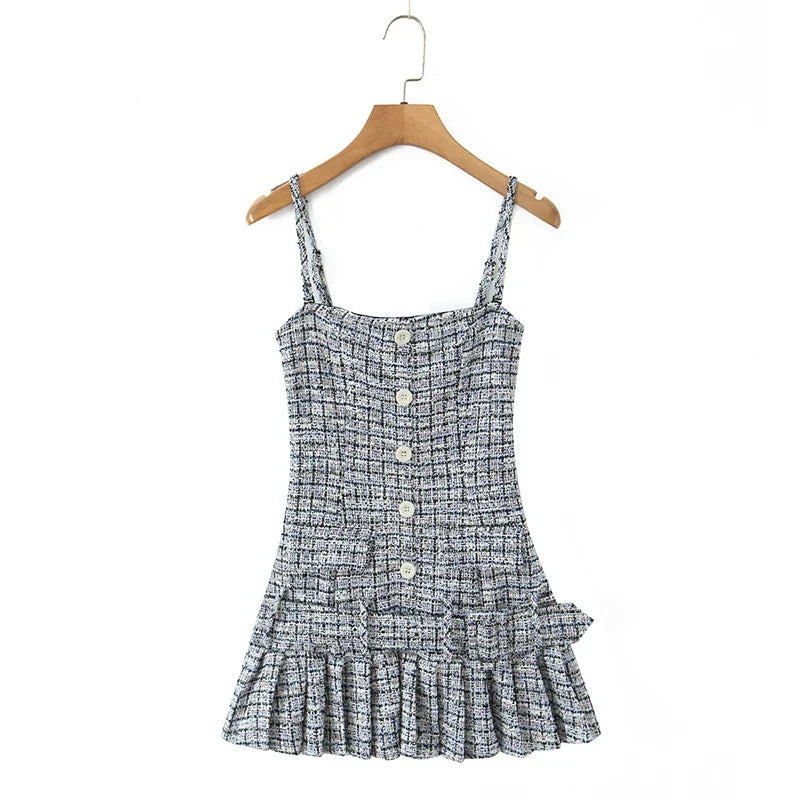 Vintage Plaid Front Button With Belt Pleated Hem Knit Sling Mini Dresses Sexy Robe