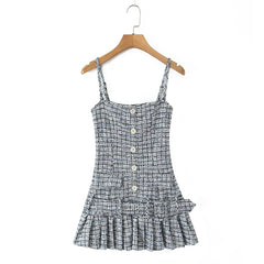 Vintage Plaid Front Button With Belt Pleated Hem Knit Sling Mini Dresses Sexy Robe