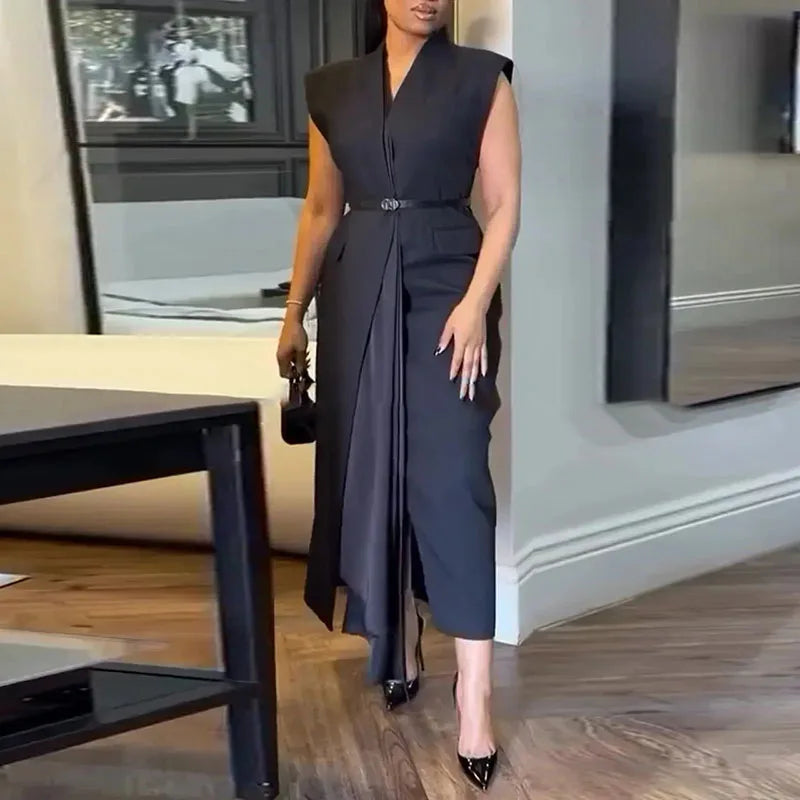Office Ladies Sleeveless High Waist Casual Dresses