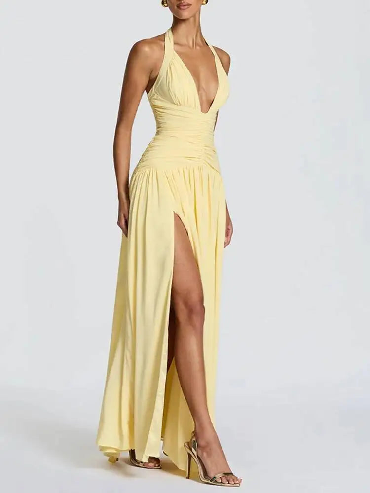 Temperament Hanging Neck Exposed Back Pleated Waist Slit Dresses