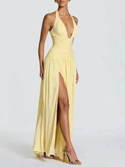 Temperament Hanging Neck Exposed Back Pleated Waist Slit Dresses