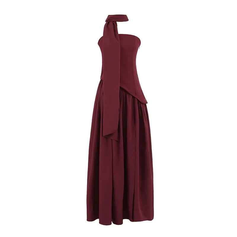 Elegant Strapless With Scarf Long Dresses Sexy High Slit Pleated Hem Evening Party Dresses