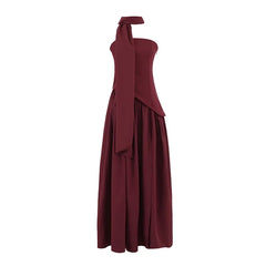 Elegant Strapless With Scarf Long Dresses Sexy High Slit Pleated Hem Evening Party Dresses