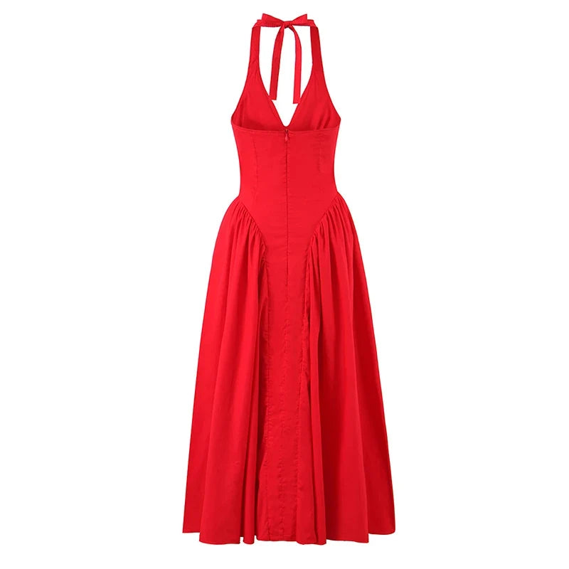 Red Elegant Slim Evening Party Dresses Sexy Backless Low Waist A-line Midi Long Halter Dresses
