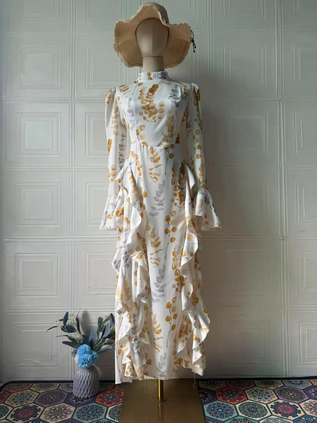 Sweet Printed High Neck Flared Sleeve Ruffle Splicing Dresses