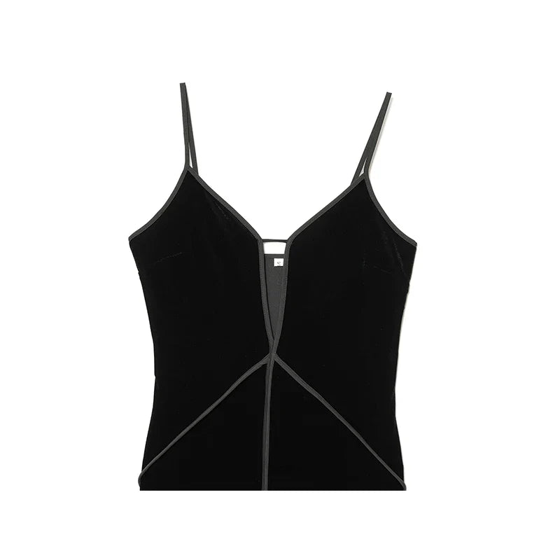 Spaghetti Straps V Neck Midi Black Velvet Dresses Female Sexy Vestidos