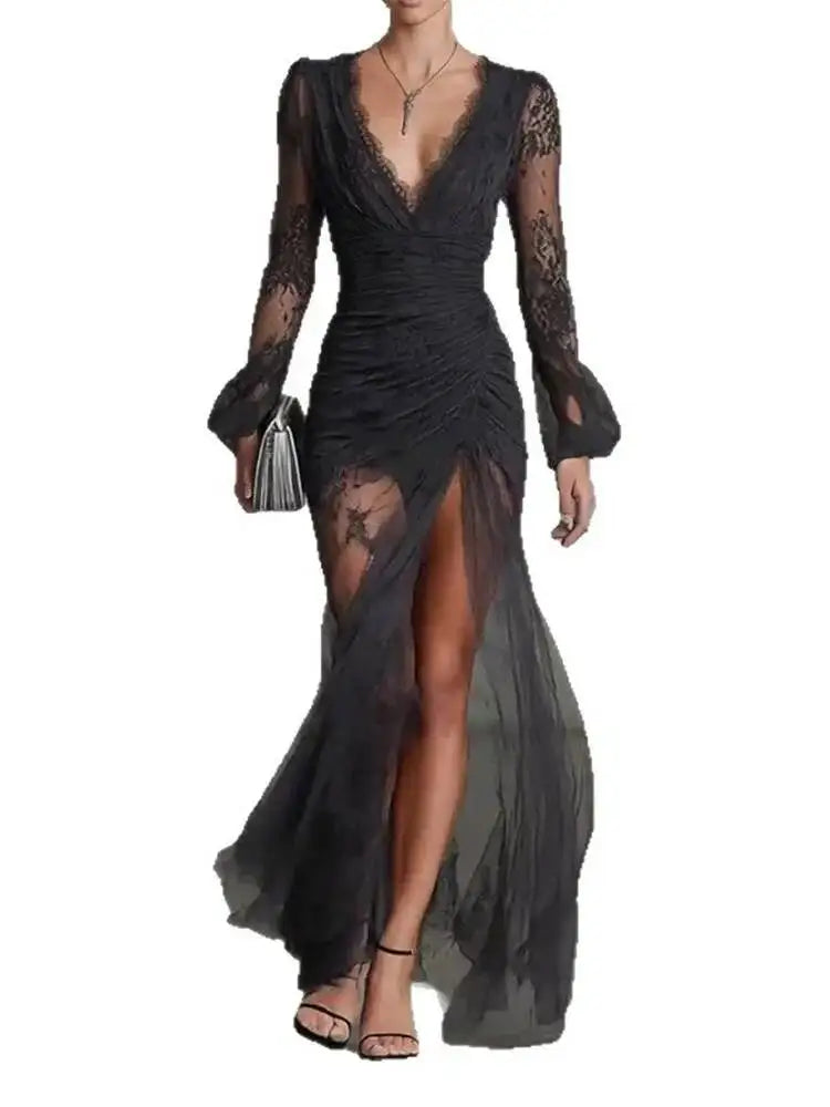 Temperament V-neck Long Sleeved Lace Pleated Waist Slimming Dresses