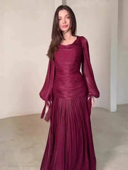 Temperament Round Neck Long Sleeved Pleated Waist Slimming Patchwork Dresses