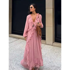 Cascade Ruffles Lace Up V Neck Chiffon Long Dresses Full Sleeve A-line Holiday Autumn Dresses
