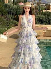 Sweet Printed Hanging Neck Dresses