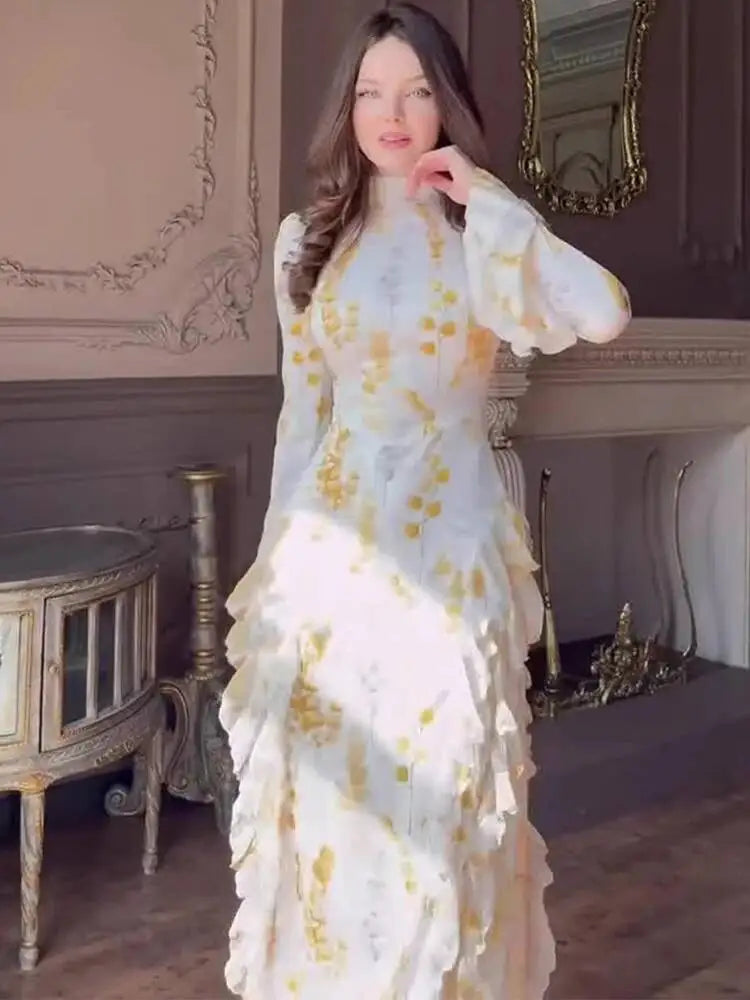 Sweet Printed High Neck Flared Sleeve Ruffle Splicing Dresses