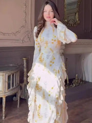 Sweet Printed High Neck Flared Sleeve Ruffle Splicing Dresses