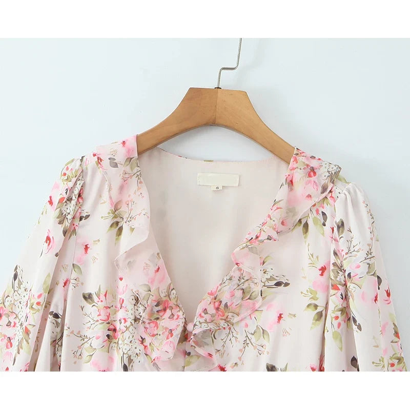 Autumn Boho Floral Print Ruffle Mini Dresses Long Sleeve V Neck Casual Holiday Lady Dresses