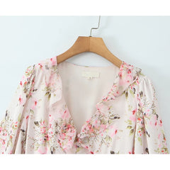 Autumn Boho Floral Print Ruffle Mini Dresses Long Sleeve V Neck Casual Holiday Lady Dresses
