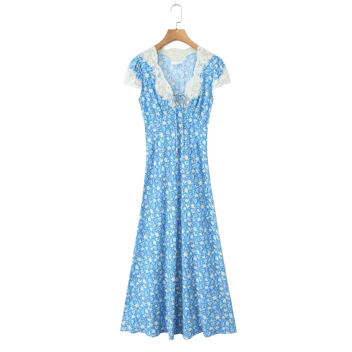 Lace Trim Blue Floral Print Elegant Summer Long Dresses