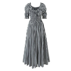 French Style Vintage Puff Sleeve Plaid Dresses