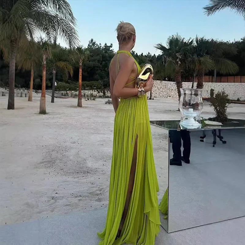 O Neck Sleeveless Long Top + Skirt 2pc Set Sexy Hollow Out Backless Beach Suit Casual Pleated Holiday Party Outfit