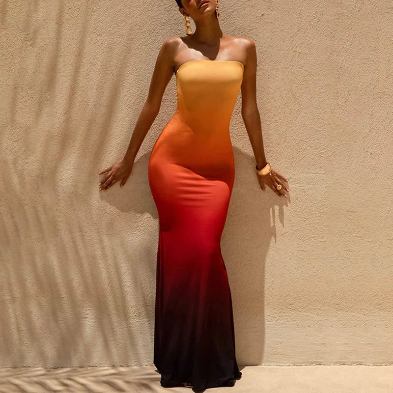 Sexy Tube Top Floral Printed One-piece Robes Summer Casual Off Shoulder Sleeveless Party Dresses