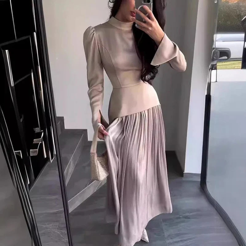 Patchwork Pleated Maxi Dresses