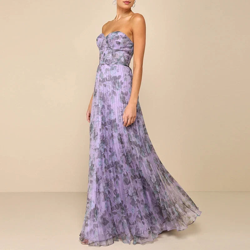 Female Casual Swing Holiday Party Dresses Strapless High Waist Pleated Bohemian Dresses