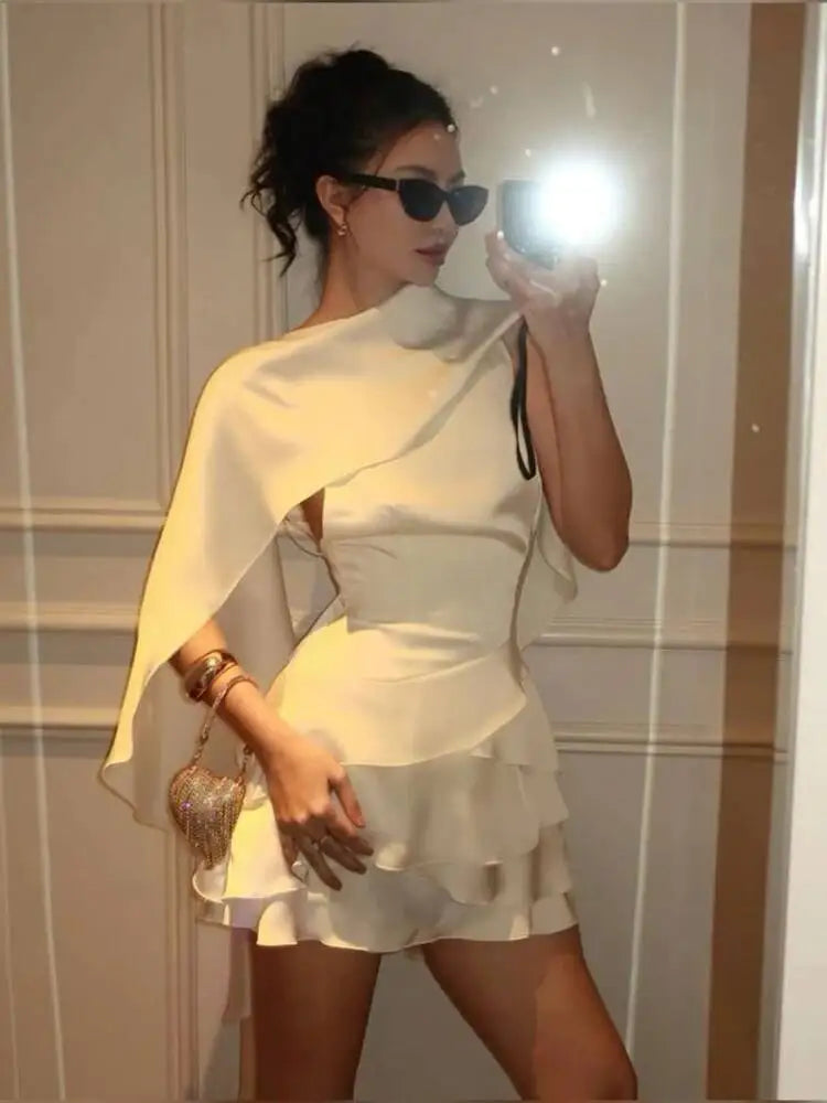 Temperament Satin Shawl Hanging Neck Layered Ruffle Edge Slim Fit Short Dresses