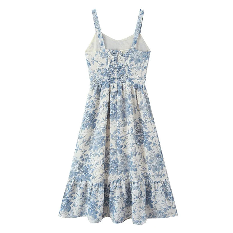 Summer Sexy Sling Floral Print Casual Holiday Dresses Chic Lady A-line Midi Big Swing Vestidos