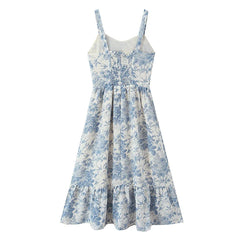 Summer Sexy Sling Floral Print Casual Holiday Dresses Chic Lady A-line Midi Big Swing Vestidos
