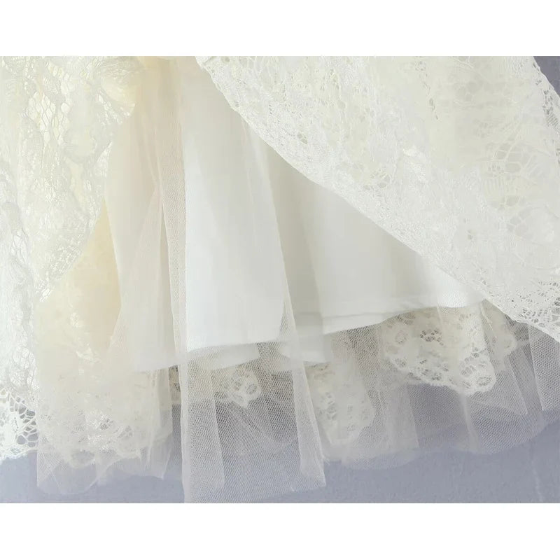 French Sweet Lace Mesh V Neck Bow Slim Mini Dresses