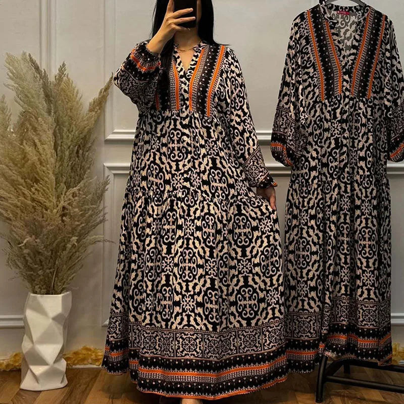 Geometric Pattern Printed Loose Robe Dresses