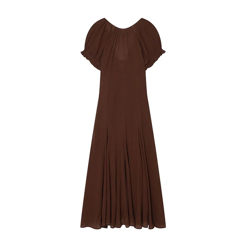 Brown V Neck Short Sleeve Dresses