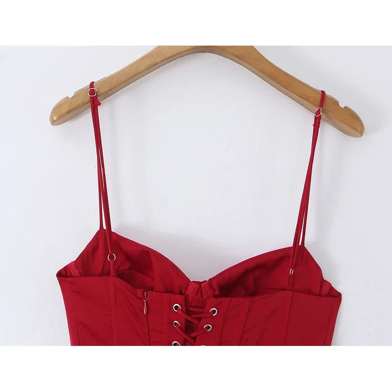 Wine Red Corset Spaghetti Strap Midi Sexy Dresses